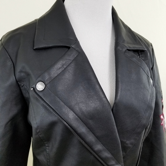 Guess Floral embroidered leather moto jacket black small - Picture 6 of 8